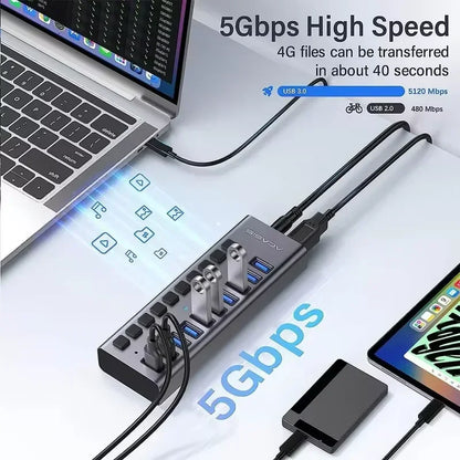 USB 3.0 Hub 10-Port with Individual Switches, 5Gbps for Macbook/Pc, Keyboard/Mouse/Printer|Usb Expansion Docking Station
