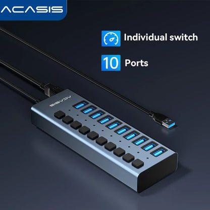 USB 3.0 Hub 10-Port with Individual Switches, 5Gbps for Macbook/Pc, Keyboard/Mouse/Printer|Usb Expansion Docking Station