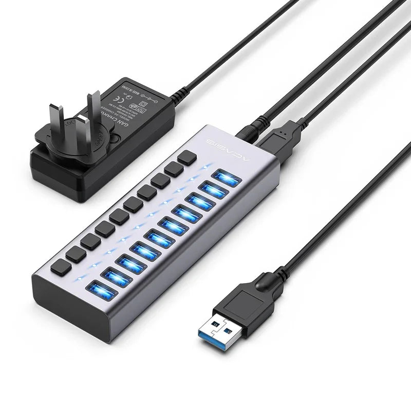 USB 3.0 Hub 10-Port with Individual Switches, 5Gbps for Macbook/Pc, Keyboard/Mouse/Printer|Usb Expansion Docking Station