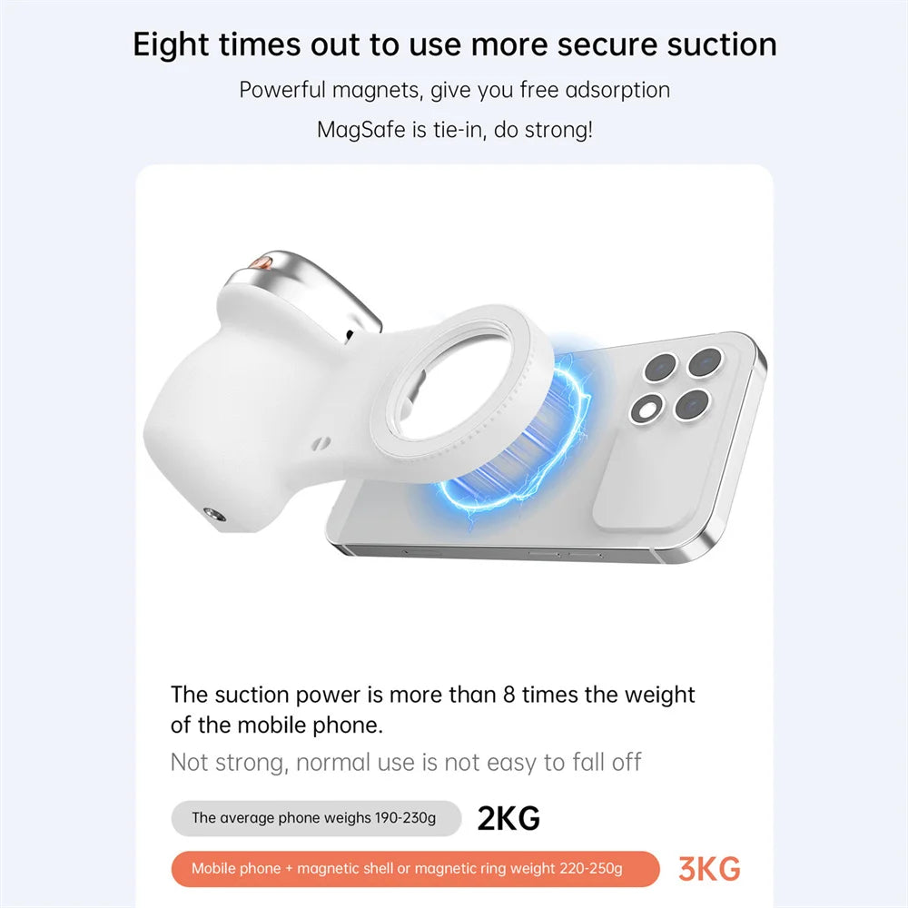 Magnetic Phone Grip with Fill Light, Bluetooth Remote Shutter, and 360° Rotation Stabilizer for iPhone 17/16 and Android Vlogging