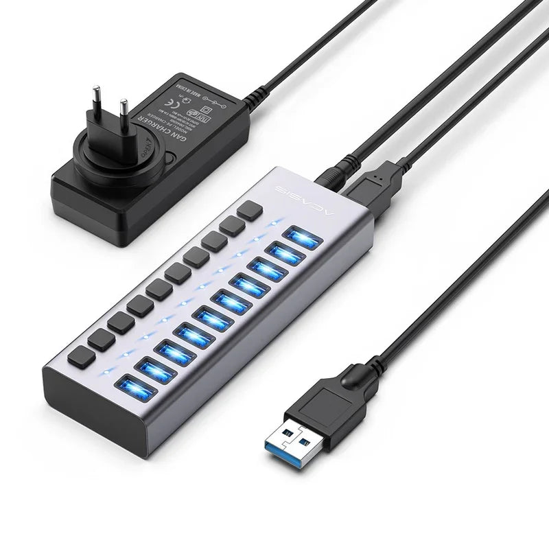 USB 3.0 Hub 10-Port with Individual Switches, 5Gbps for Macbook/Pc, Keyboard/Mouse/Printer|Usb Expansion Docking Station