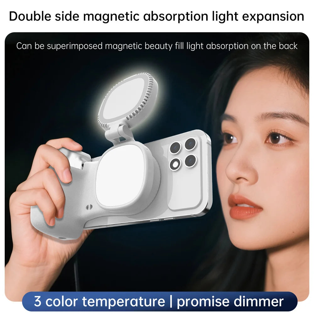 Magnetic Phone Grip with Fill Light, Bluetooth Remote Shutter, and 360° Rotation Stabilizer for iPhone 17/16 and Android Vlogging