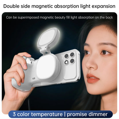 Magnetic Phone Grip with Fill Light, Bluetooth Remote Shutter, and 360° Rotation Stabilizer for iPhone 17/16 and Android Vlogging