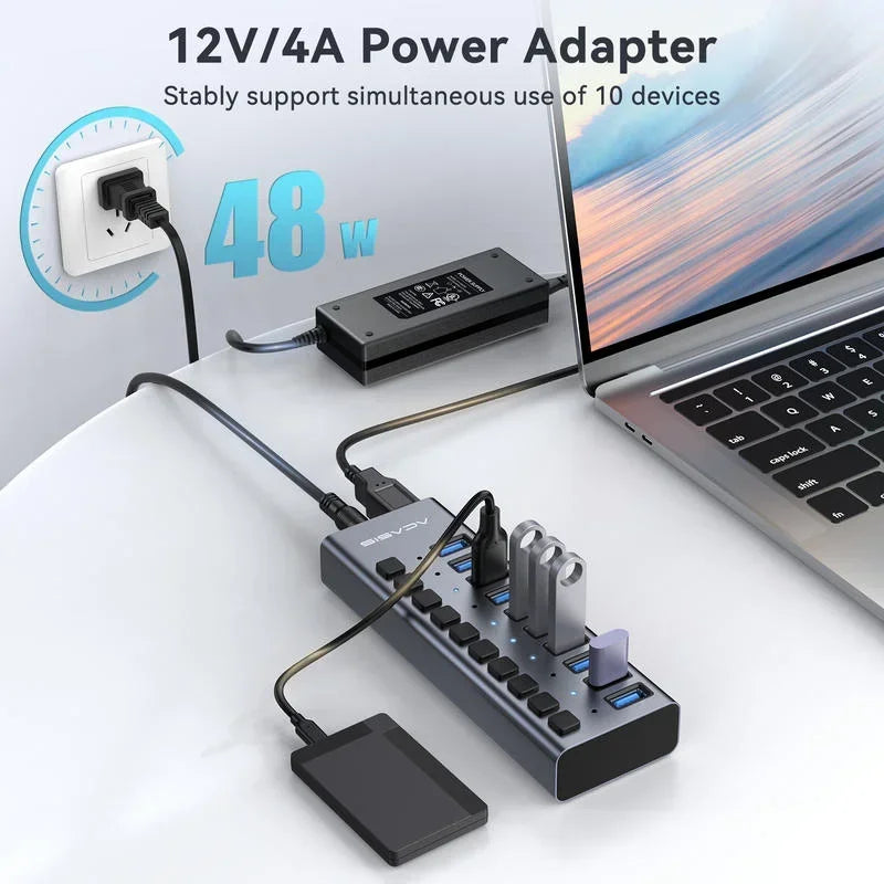 USB 3.0 Hub 10-Port with Individual Switches, 5Gbps for Macbook/Pc, Keyboard/Mouse/Printer|Usb Expansion Docking Station