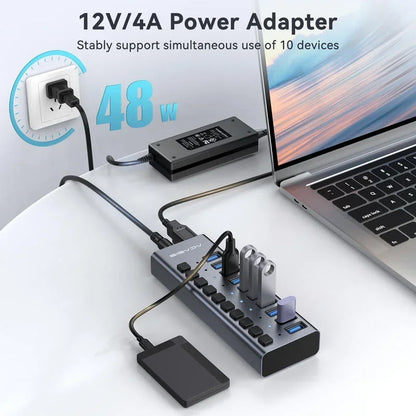 USB 3.0 Hub 10-Port with Individual Switches, 5Gbps for Macbook/Pc, Keyboard/Mouse/Printer|Usb Expansion Docking Station
