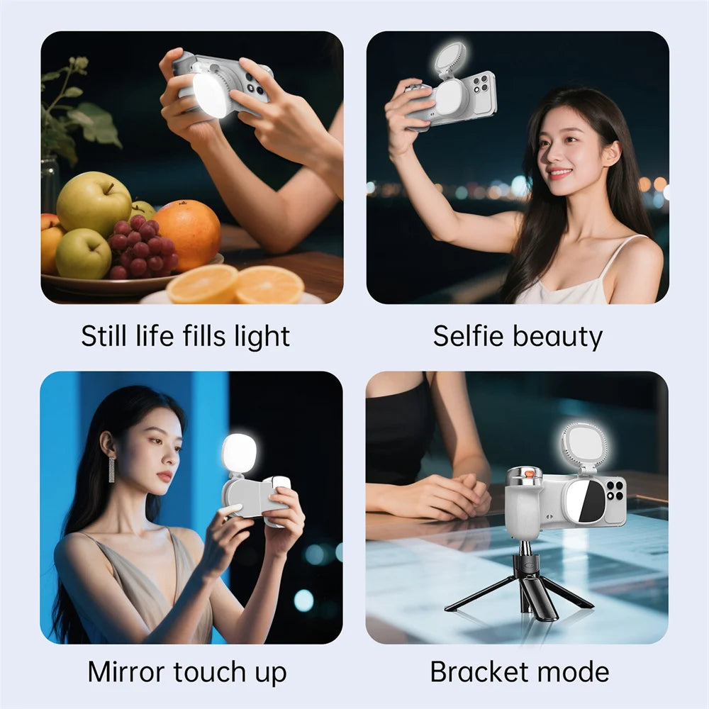 Magnetic Phone Grip with Fill Light, Bluetooth Remote Shutter, and 360° Rotation Stabilizer for iPhone 17/16 and Android Vlogging
