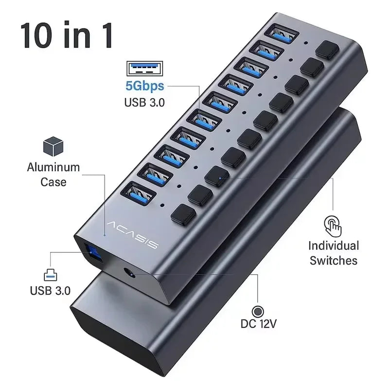 USB 3.0 Hub 10-Port with Individual Switches, 5Gbps for Macbook/Pc, Keyboard/Mouse/Printer|Usb Expansion Docking Station