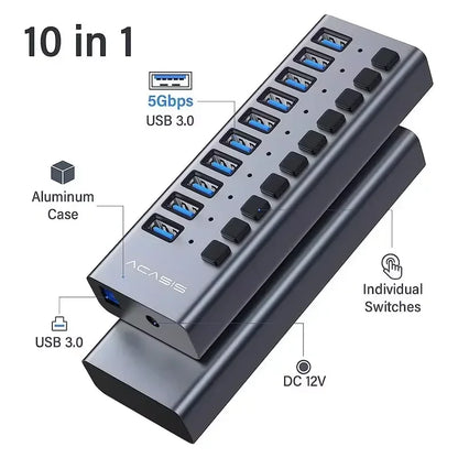 USB 3.0 Hub 10-Port with Individual Switches, 5Gbps for Macbook/Pc, Keyboard/Mouse/Printer|Usb Expansion Docking Station